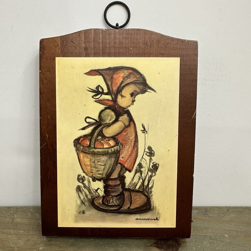 Vintage Hummel Girl Wall Hanging Plaque Wood Basket of Apples Cottagecore Granny